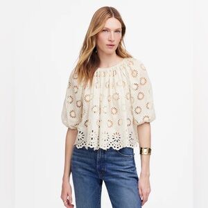 NWT Madewell Embroidered Shirred Puff-Sleeve Top size small